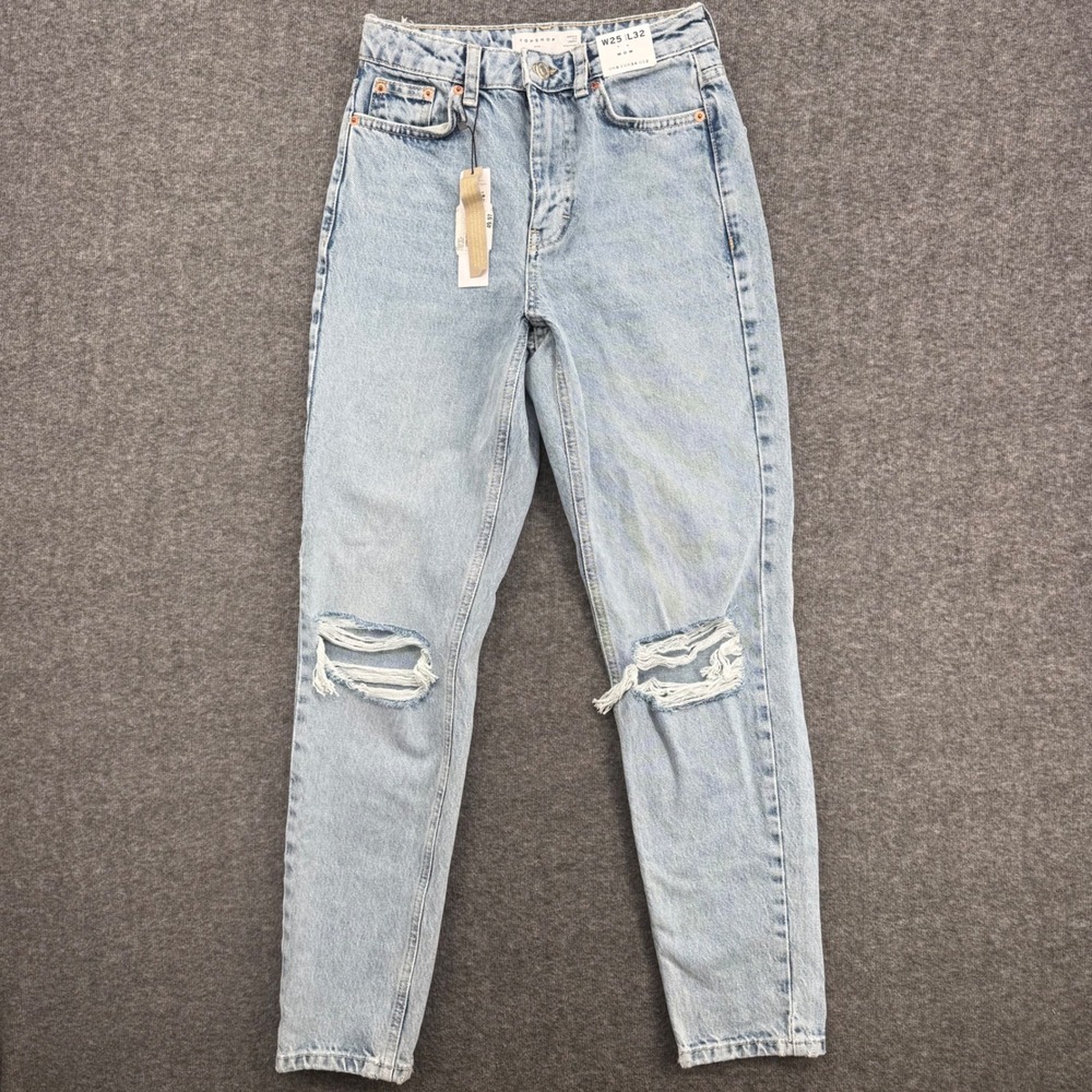 Topshop Mom High Rise Distressed Light Blue Tapered Jeans 25 Straight Denim NEW
